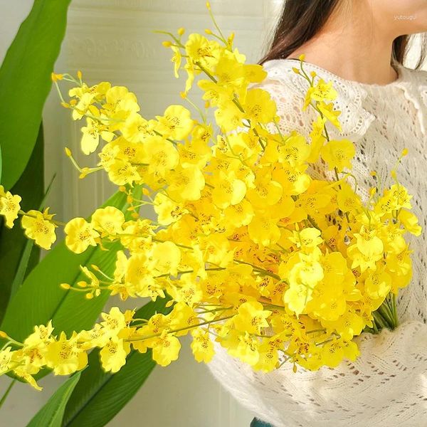 Dekoratif Çiçekler 95cm Sarı Oncidium İpek Çiçek Yapay Orkide Phalaenopsis Düğün Ev Dekorasyon Masası Centerpieces