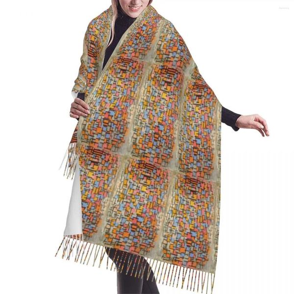 Шарфы Piet Mondrian с сеткой, шарф для женщин, длинная зима-осень, теплая шаль с кисточками, модная унисекс, универсальная