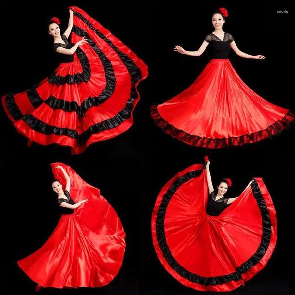 Abbigliamento da palcoscenico Moda Adulto Bambini Ragazza zingara Donna Gonna di flamenco spagnolo Gonna a righe in raso di seta Grande altalena Danza del ventre Prestazioni di squadra rosse