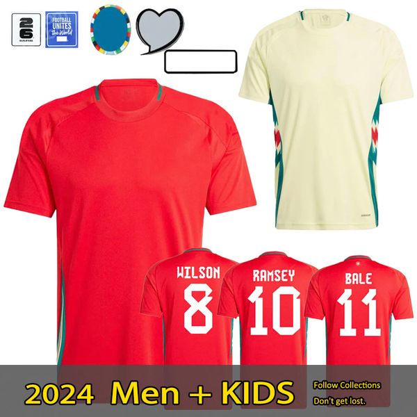 2024 walisisches Fußballtrikot Wilson RAMSEY BALE Europameisterschaft Neues Nationalmannschafts-Fußballtrikot 2025 für Herren, Heimtrikot in Rot und Auswärtstrikot in Gelb, Herrenuniform Brooks Johnson