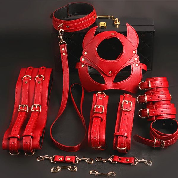 Thierry BDSM Bondage Restraint Kit Manette Collare Polso Caviglia Gamba Polsini della coscia Cintura Maschera Giocattoli del sesso per coppie Gioco per adulti 240312