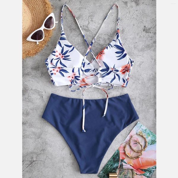 Conjunto de biquíni com estampa de flor, roupa de praia feminina, duas peças, roupa de banho dividida, plus size, shorts de natação, conjunto tankinis