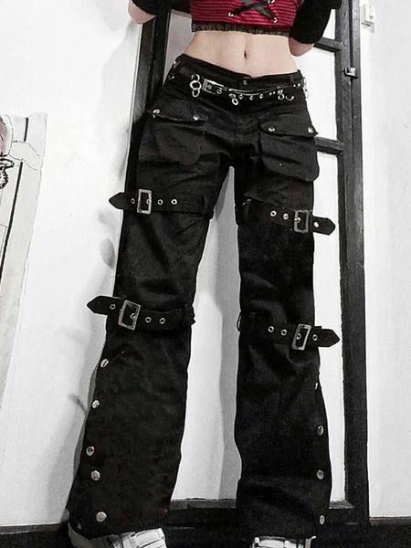Мешковатые джинсы в стиле кибер-панк с пряжкой в готическом стиле Y2K Woman Techwear Темные академические однотонные брюки-карго E Girl Джинсовые готические брюки-хиппи 240314