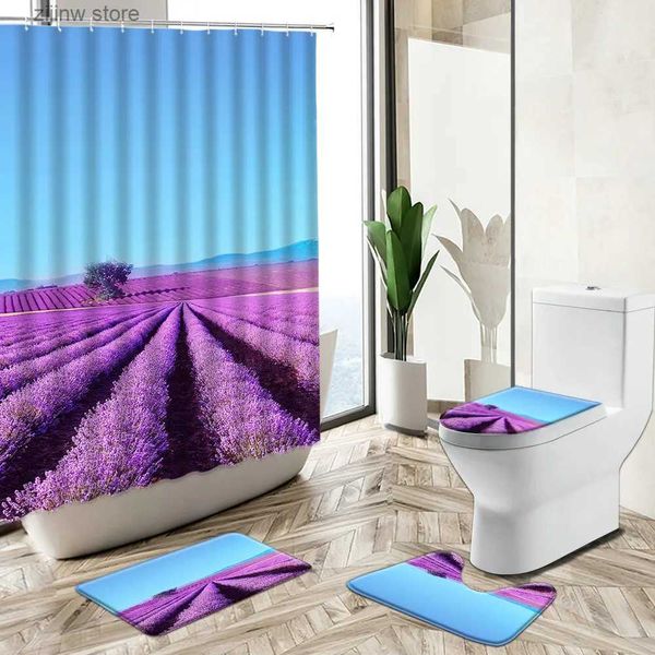 Cortinas de chuveiro Lavanda Flor Cortina de chuveiro Girassol Planta Campo Cenário Natural Antiderrapante Pedestal Rug Toilet Cover Banheiro Deco Set Y240316