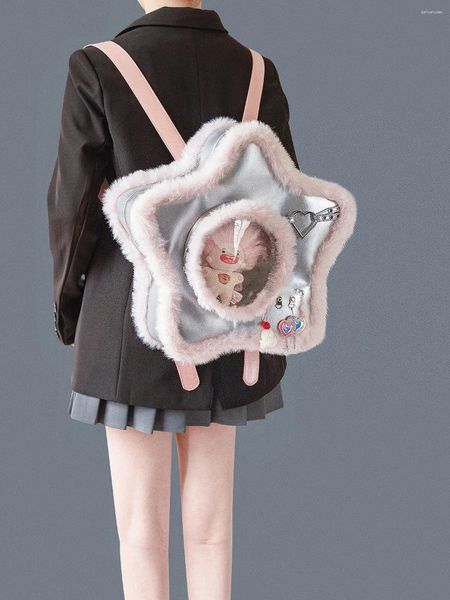 Sacos escolares Japonês prata pelúcia cinco pontas estrela dor saco metal amor cinto criativo grande capacidade zíper mochila estilo lolita