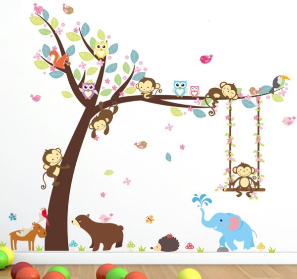 Folha árvore galho árvore animal coruja urso veado macaco dos desenhos animados adesivos de parede para crianças quarto do miúdo decalque floresta decoração para casa 7654051
