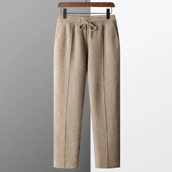 Outono inverno calças de lã dos homens pesados malha calças casuais homens cor sólida cordão em linha reta calças quentes homem 100%