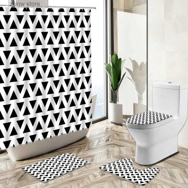 Tende da doccia Nero Bianco Geometria Stampa Bagno Tenda da doccia Set Moderno Arte semplice Tappetino antiscivolo Piedistallo Copriwater Flanella Home Deco Y240316