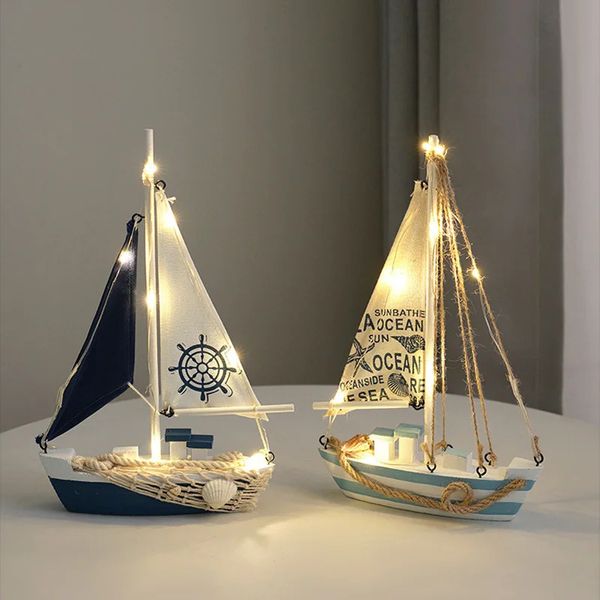 Modelo de barco de pesca de madeira com led, estatuetas de estilo mediterrâneo, artesanato para casa, escritório, decoração náutica 240314