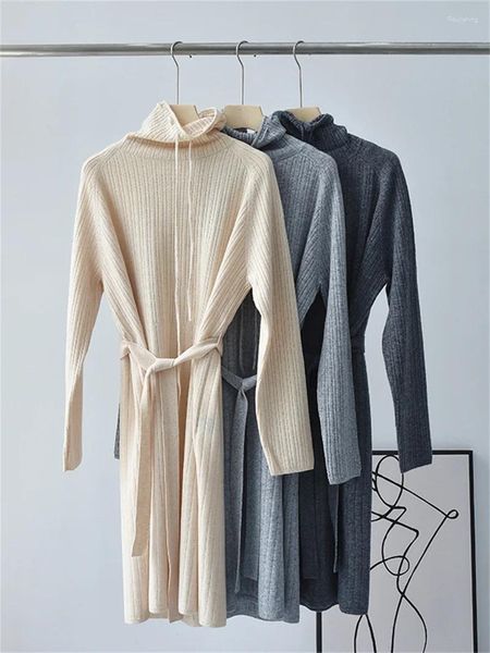 Abiti casual Abito da donna con spacco laterale Colletto in pile Cashmere Lacci con coulisse Tinta unita Abiti da donna a maniche lunghe in maglia