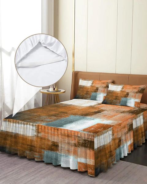 Saia de cama pintura a óleo abstrato geométrico laranja elástico colcha com fronhas capa colchão conjunto cama folha