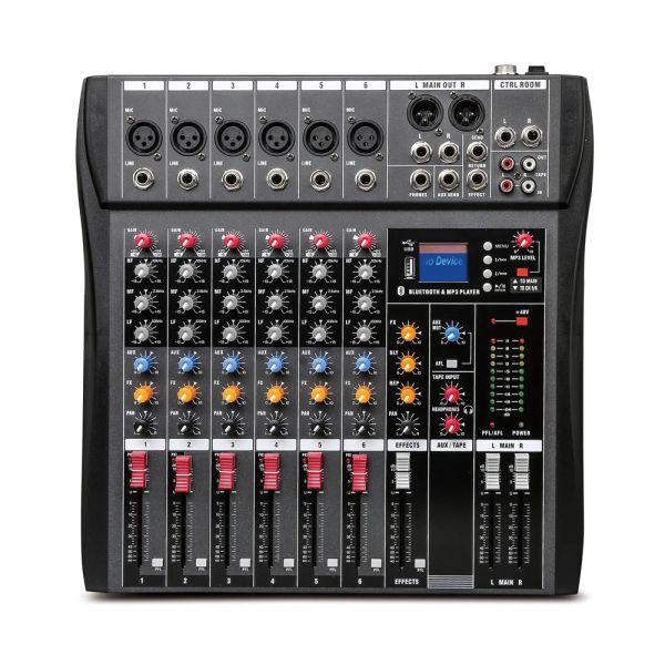 Equipaggiamento 6Channel Professional Mixer Computer Stage Registrazione Scheda audio USB ad alto tono basso Bluetooth DJ Numero modello certificazione