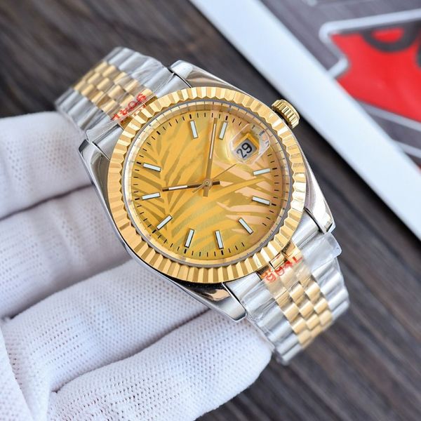 Relógio masculino de luxo data apenas automático móvel designer feminino relógio mostrador ouro padrão folha palmeira 36mm brilho 904l stainles282s