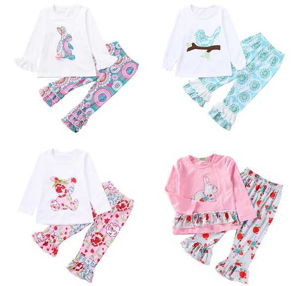 Crianças páscoa meninas roupas de bebê appliqued coelho floral pássaros urso impresso plissado manga longa topos calças conjuntos de roupas 26t7580590