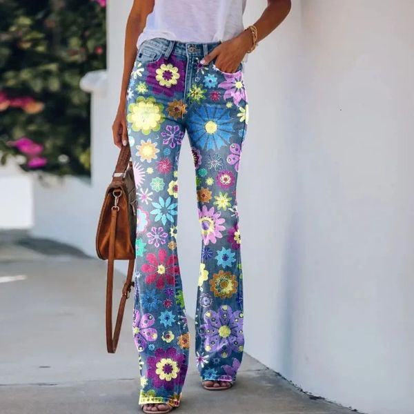 Женские искусственные джинсы с цветочным 3D принтом Y2K s Женские уличные повседневные брюки-карандаш Большие размеры Прямые широкие джинсы 240309