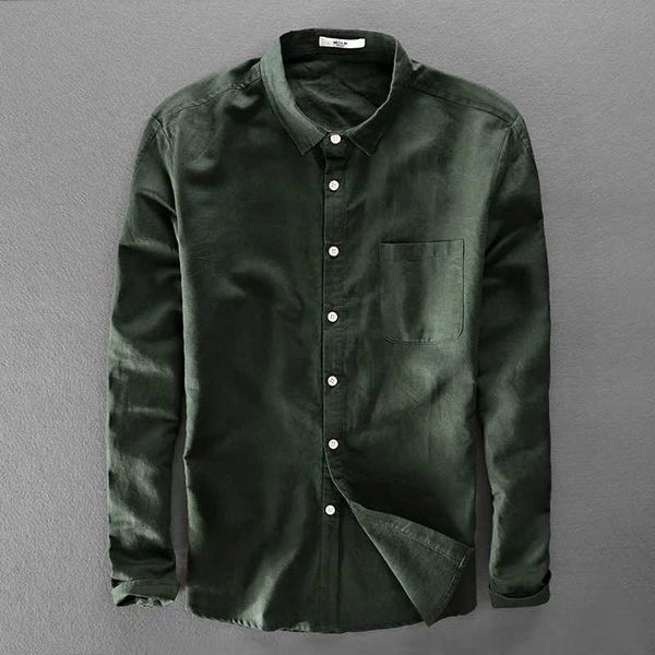 Camicie casual da uomo Stile italiano marchio design unico camicia verde militare da uomo camicie in cotone e lino per uomo top a slitta lungo abbigliamento camisas chemiseC24315