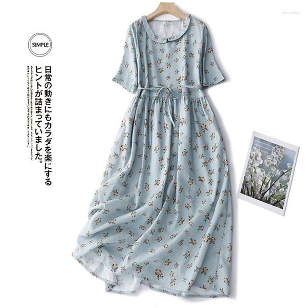 Casual Kleider Frühling Sommer Kurzarm Druck Baumwolle Leinen Frauen Mode Lose Urlaub Kleid Robe Elegante Damen Kleidung