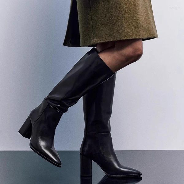Botlar Siyah Saçlı Ayak Parmağı Tıknaz Yüksek Topuklu Diz Yüksek Kadın Ayakkabı Şövalyeleri Moda Partisi Uzun Botas De Mujer