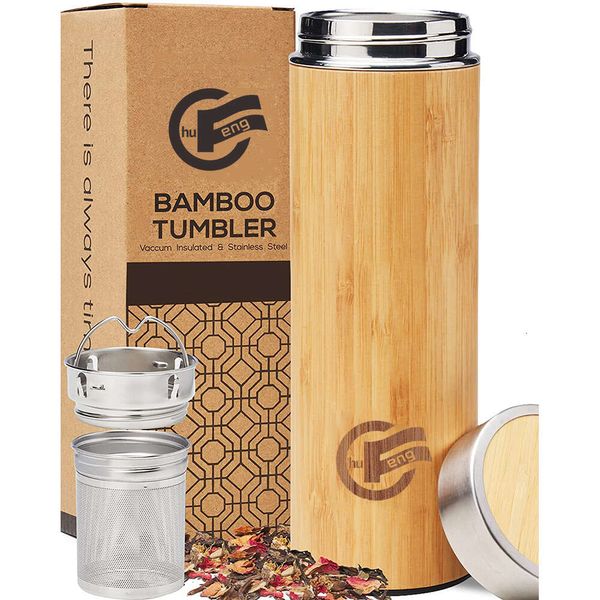 Ökofreundliche Wasserflasche Bambus Holzhülle Edelstahl Vakuumisolierung Wärmekolben mit Tee -Infuser
