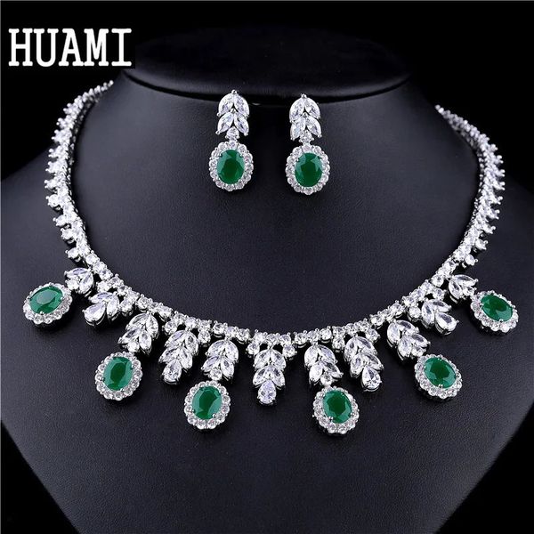 HUAMI Luxusschmuck Damen Braut Hochzeit Kostüm Elegantes Mädchen Trendy Grüne Farbe Wassertropfen Ohrring Anhänger Halskette Set Geschenk 240228