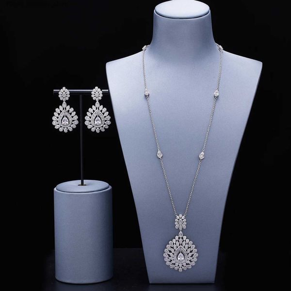 Conjuntos de jóias de casamento Arábia Saudita Dubai Long Chain Colar Set Womens Luxo Cubic Zirconia Bridal Jewelry Set Acessórios de casamento Q240316