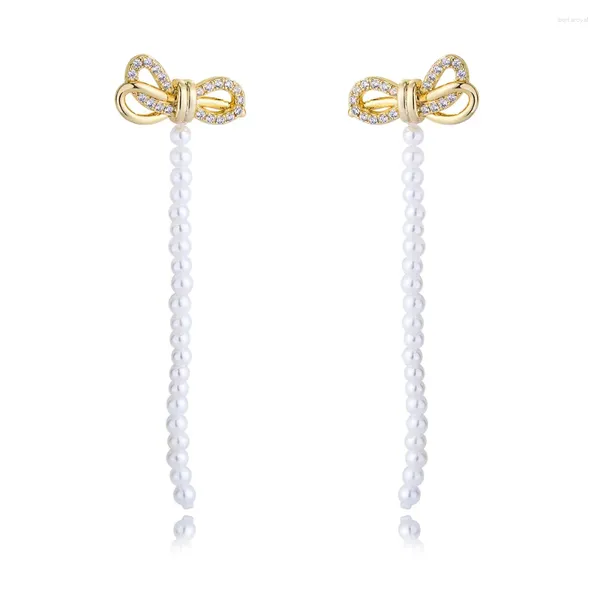 Dangle Brincos 18k Banhado A Ouro Feminino Bowknot Shell Pérola Borla Atacado INS Coreano Delicado Pós Laços Zircão Gota