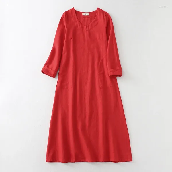 Abiti casual 2024 Scollo a V in cotone e lino a maniche lunghe Abito primaverile allentato per le donne Vintage Autunno Abiti femminili Robe Elbise