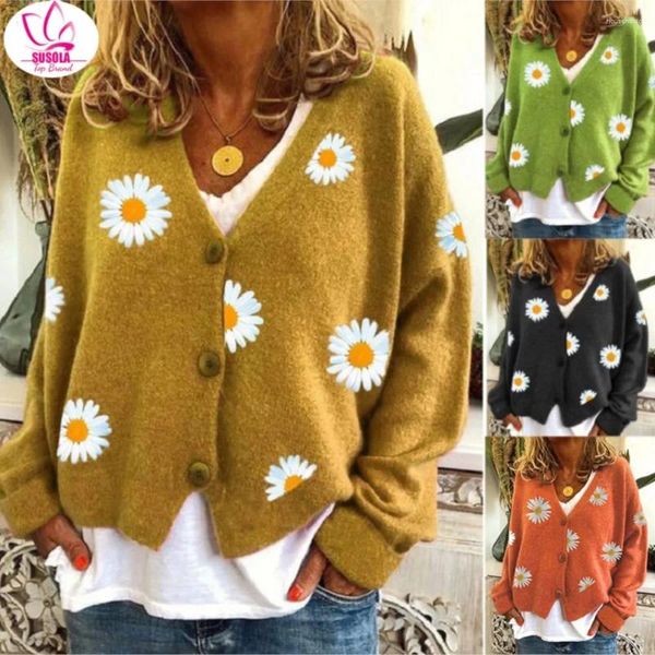 Maglieria da donna SUSOLA Lady Maglione lavorato a maglia Monopetto Autunno Crisantemo Fiore Giacca ricamata da donna