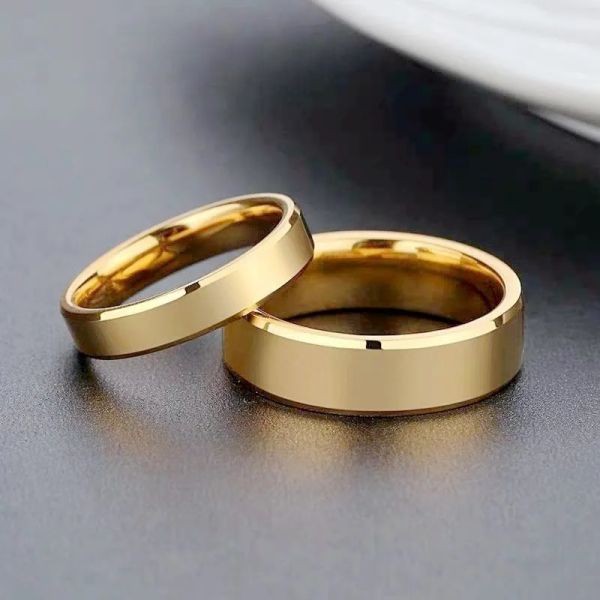 Anelli di coppia in oro giallo 14k liscio Colore oro Semplice 4MM 6MM Donna Uomo Amanti Gioielli da sposa Regali di fidanzamento