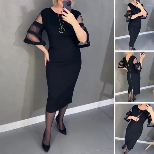 Vestidos casuais tecido confortável midi vestido elegante senhora de escritório com costura de malha manga queimada zíper feminino para