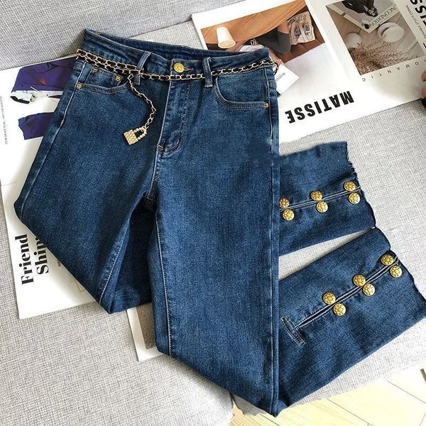 Botão de metal de ouro jeans mulheres cintura alta solta magro corrente bloqueio cinto calças pura algodão lã cor sólida elástica bege luxo 24 220315