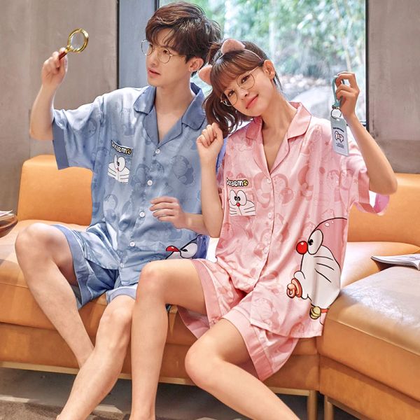 Sweetwear anime doraemon yetişkin pama setler kadın erkekler ev kıyafetleri çift pijama takım elbise Kore gevşek pijama vneck ipek pijama