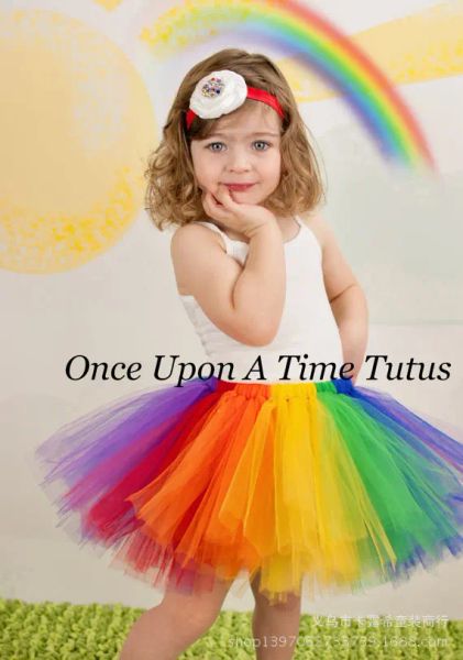 Vestidos da menina arco-íris cor tutus saias bebê artesanal multicolorido tule ballet dança tutus com flor bandana crianças festa pettiskirts