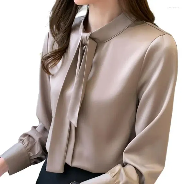 Kadınlar bluzlar İpek Kore Ofis Bayanlar Zarif Gömlek Kadınlar Artı Boyut Düğmesi Up Saten Bluz Vintage Beyaz Uzun Kollu Dantel Gömlekler