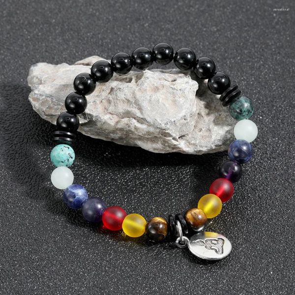 Strand OAIITE 8mm Agata nera lucida Doppio 7Chakra Bracciale con perline Uomo Preghiera Yoga Meditazione Guarigione Gioielli per le donne