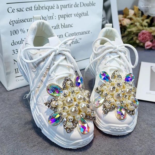 Sapatos casuais mulheres malha esporte sapato contas strass tênis branco rendas até plataforma senhora diy lolita doce