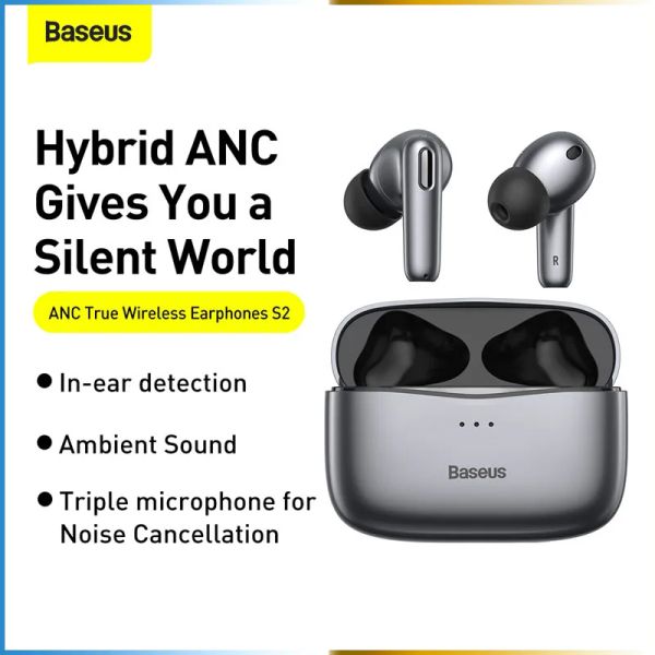 Fones de ouvido Baseus S2 Bluetooth Headset True Wireless ANC Redução automática de ruído Movimento binaural Sem atraso na resistência do comprimento do ouvido