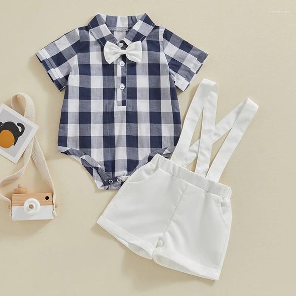 Kleidungssets Kleinkind Baby Jungen Gentleman Kleidung Kurzarm Plaid Print Button Bowtie Strampler Top Hosenträger Shorts