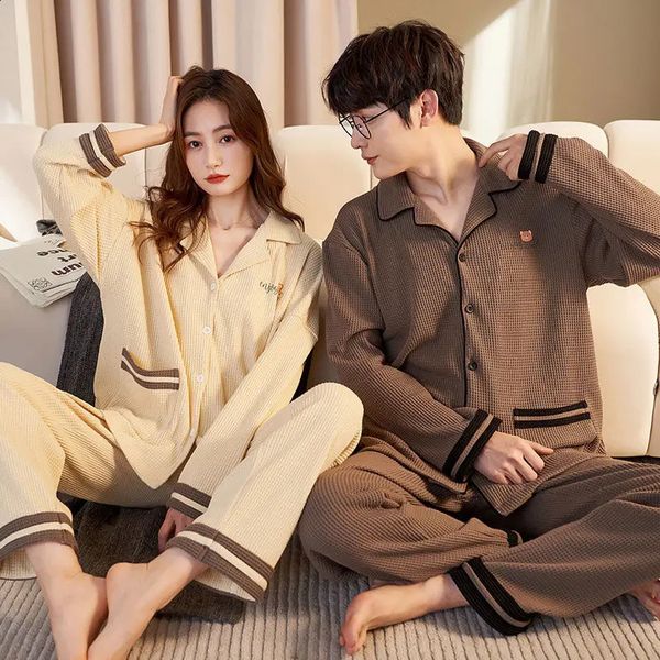 Primavera e outono de manga comprida coreano cardigan algodão sleepwear conjunto de duas peças casual com decote em v casais pijamas feminino pijama homem 240309