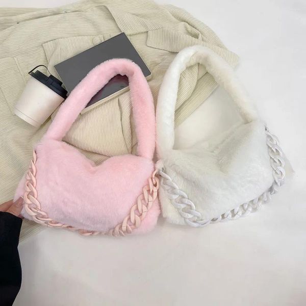 Omuz çantaları moda kadınlar peluş çanta katı dişi koltuk altı çanta taşınabilir tutamak bayan tote çanta kalın zinciri günlük çanta seyahat