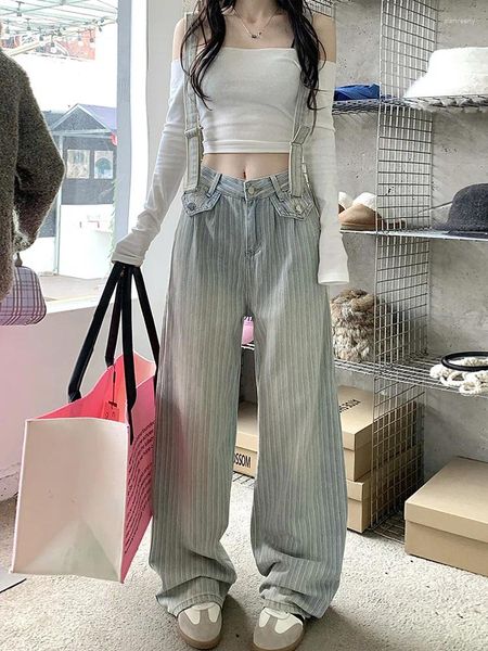 Calças de brim femininas slergiri solto macacão listrado 2024 streetwear vintage cintura alta y2k moda coreano perna larga calças jeans