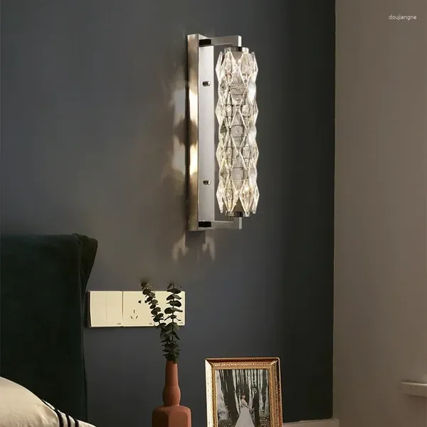 Lâmpada de parede luxo cabeceira para quarto moderno minimalismo sala estar tv fundo luz 2024 cristal cromo prata