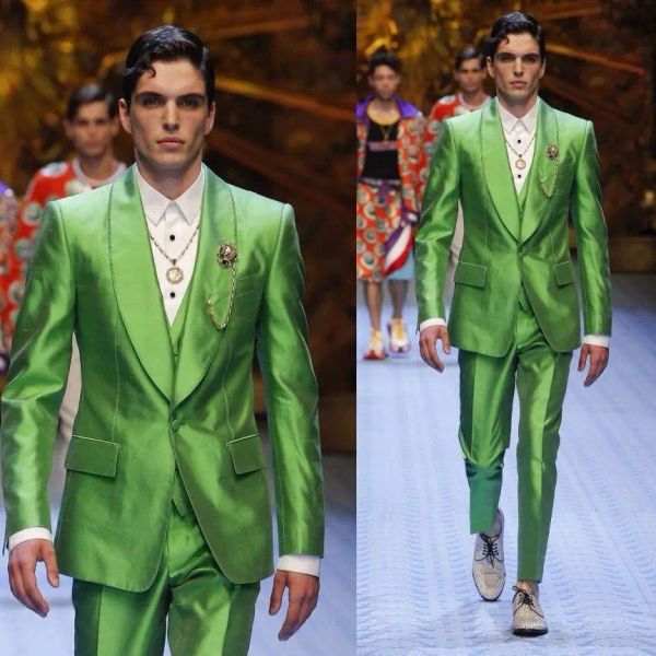 Ternos moda brilhante verde noivo smoking excelente vestido de casamento dos homens negócios baile de formatura jantar terno de férias (jaqueta + calça + colete)