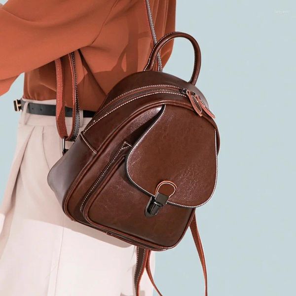 Borse da scuola Zaino in vera pelle da donna Zaino per ragazze Piccolo 2024 Design Borsa da viaggio femminile Zaino in vera pelle di vacchetta Zaino