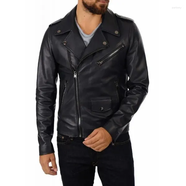 Herrenjacken, schwarze echte Schaffell-Bomber-Rider-Lederjacke, modischer Trend