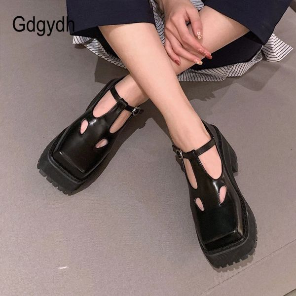 Stiefel Gdgydh schwarzer Leder Pu Haruku Chunky Plattform Schuhe für Frauen