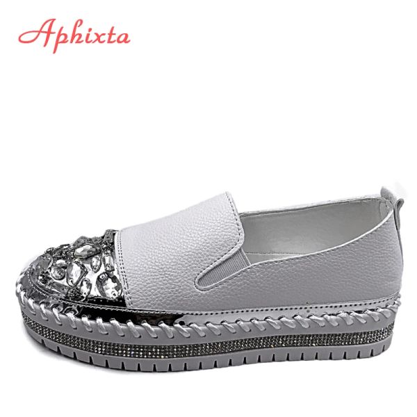 Botas Aphixta Rhineston redonda de couro sapatos de couro planos mulheres brancos Bling Shoes Sapatos de plataforma Mulher Chunky Sole Tamanho 43