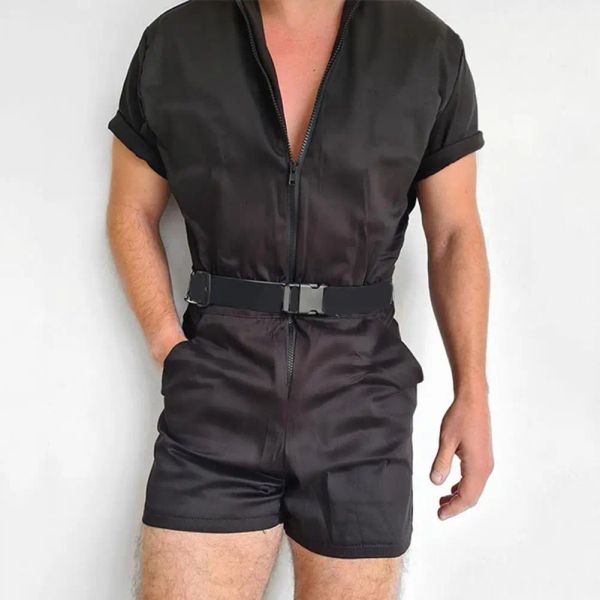 Calça homens elegantes shorts gerais temperamento zíper de manga curta mans masculina masculino massache de macacão