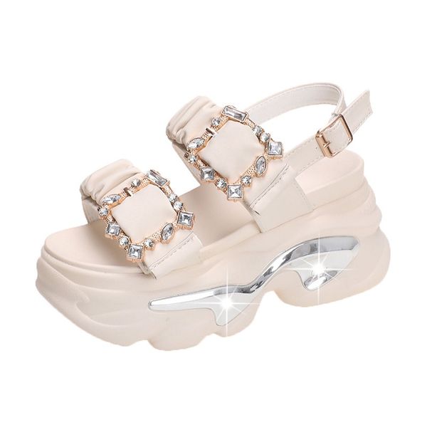 Trendige dicke Sohle aus Kiefernkuchen-Sandalen für Damen, Freizeit, Sommer, neue koreanische Ausgabe, Wasserdiamant, ein Knopf, offene Zehenpartie, hohe Absätze, A003