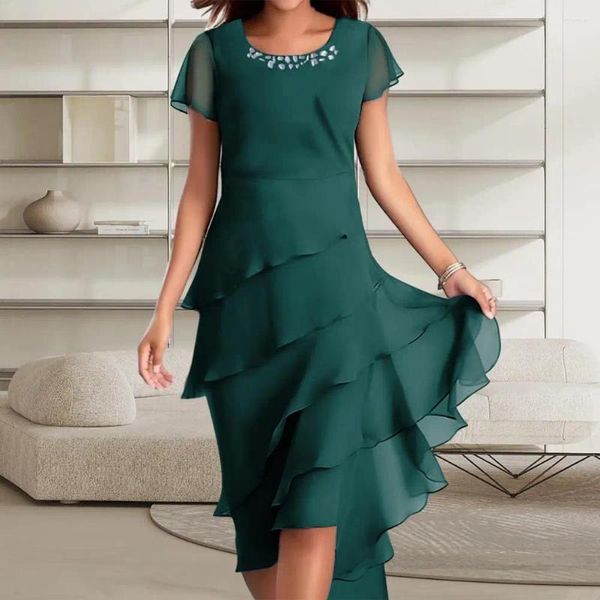 Lässige Kleider, Chiffon-Kleid, elegantes Perlendekor, O-Ausschnitt, Midi mit geschichtetem Kuchensaum, für Hochzeitsgäste, Partys, kurze Ärmel